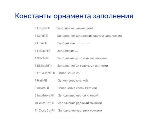 Константы орнамента заполнения 0 EmptyFill Заполнение цветом фона 1 SolidFill
