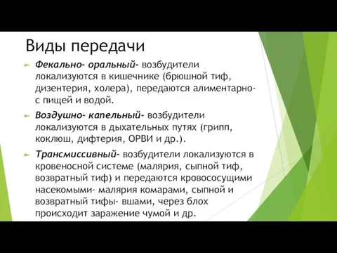 Виды передачи Фекально- оральный- возбудители локализуются в кишечнике (брюшной тиф,