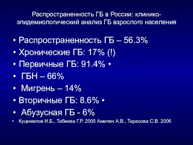 Распространенность ГБ в России: клинико-эпидемиологический анализ ГБ взрослого населения Распространенность