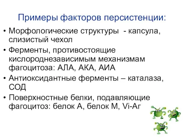 Примеры факторов персистенции: Морфологические структуры - капсула, слизистый чехол Ферменты,