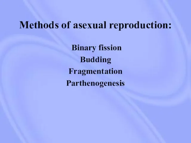 Methods of asexual reproduction: Binary fission Budding Fragmentation Parthenogenesis