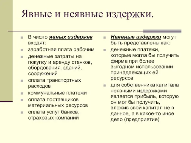 Явные и неявные издержки. В число явных издержек входят: заработная