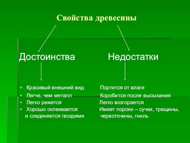 Свойства древесины Достоинства Недостатки Красивый внешний вид Портится от влаги