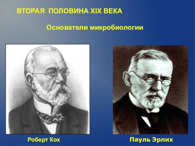 ВТОРАЯ ПОЛОВИНА XIX ВЕКА Основатели микробиологии Роберт Кох Пауль Эрлих