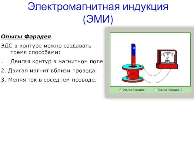 Электромагнитная индукция (ЭМИ) Опыты Фарадея ЭДС в контуре можно создавать