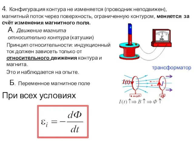 4. Конфигурация контура не изменяется (проводник неподвижен), магнитный поток через