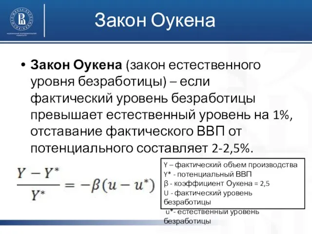 Закон Оукена Закон Оукена (закон естественного уровня безработицы) – если