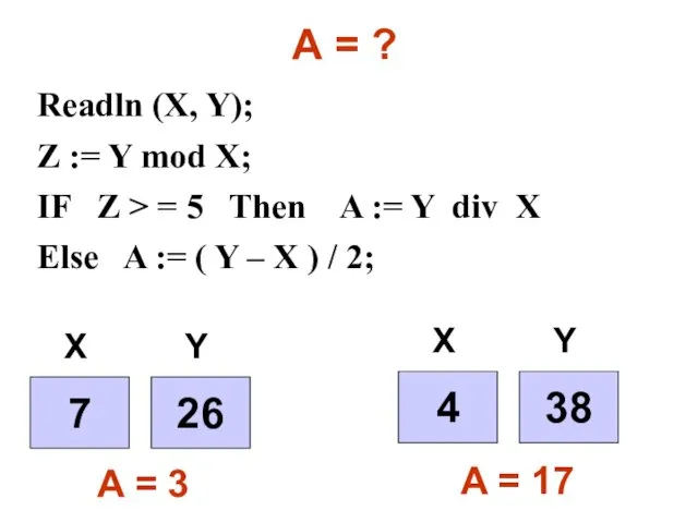 А = ? Readln (X, Y); Z := Y mod