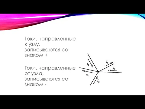 Токи, направленные к узлу, записываются со знаком + Токи, направленные от узла, записываются со знаком -