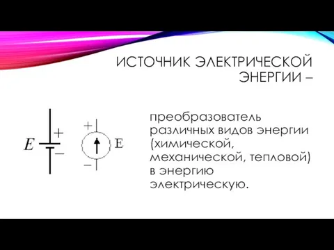 ИСТОЧНИК ЭЛЕКТРИЧЕСКОЙ ЭНЕРГИИ – преобразователь различных видов энергии (химической, механической, тепловой) в энергию электрическую.