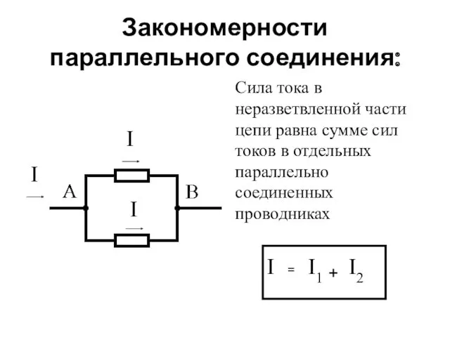 Закономерности параллельного соединения: Сила тока в неразветвленной части цепи равна