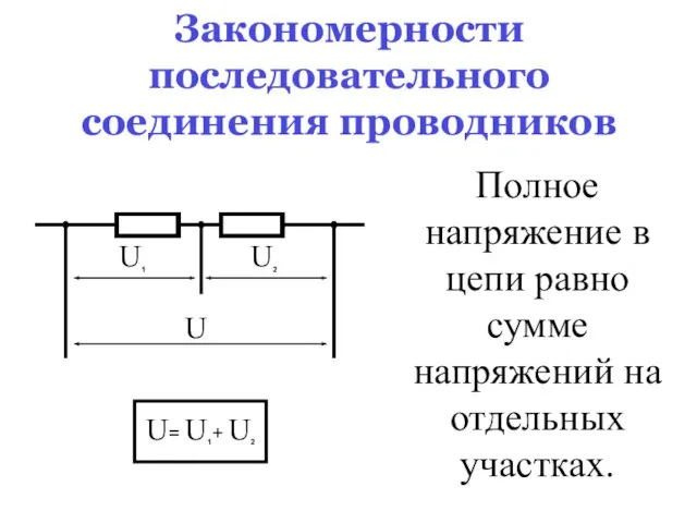 Закономерности последовательного соединения проводников Полное напряжение в цепи равно сумме напряжений на отдельных участках.