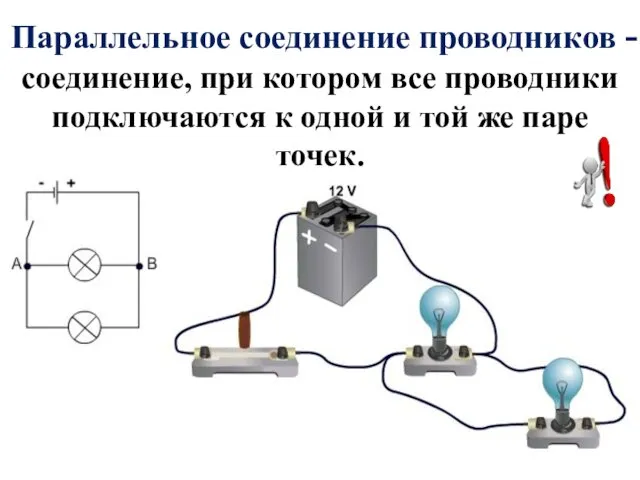 Параллельное соединение проводников - соединение, при котором все проводники подключаются