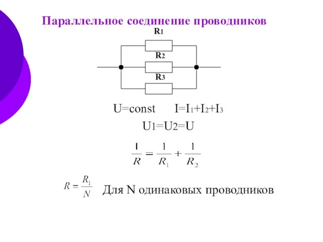 Параллельное соединение проводников U=const I=I1+I2+I3 U1=U2=U R1 R2 R3 Для N одинаковых проводников