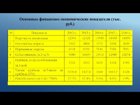 Основные финансово-экономические показатели (тыс. руб.)
