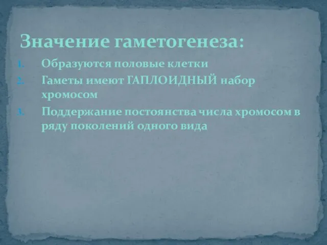 Значение гаметогенеза: Образуются половые клетки Гаметы имеют ГАПЛОИДНЫЙ набор хромосом