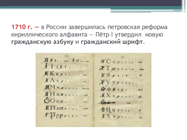 1710 г. — в России завершилась петровская реформа кириллического алфавита
