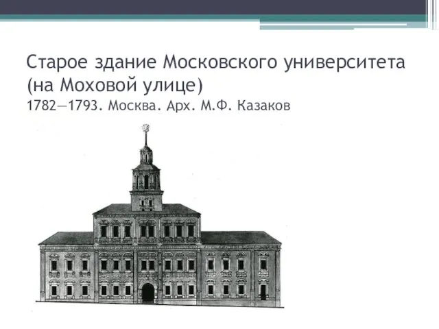 Старое здание Московского университета (на Моховой улице) 1782—1793. Москва. Арх. М.Ф. Казаков