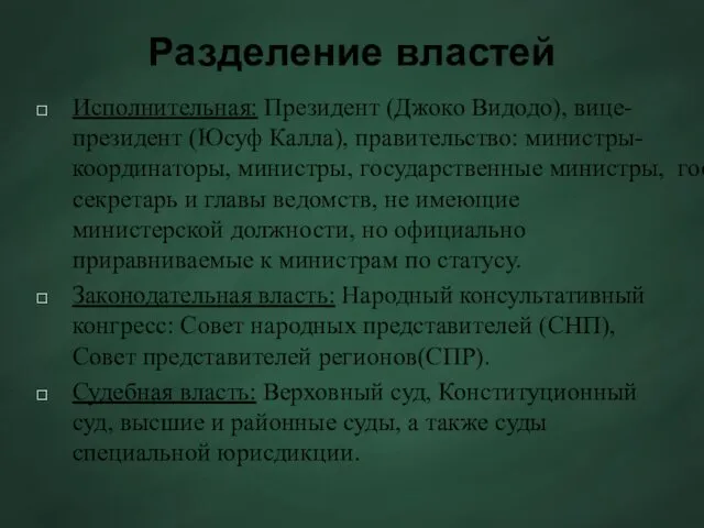 Разделение властей Исполнительная: Президент (Джоко Видодо), вице-президент (Юсуф Калла), правительство: