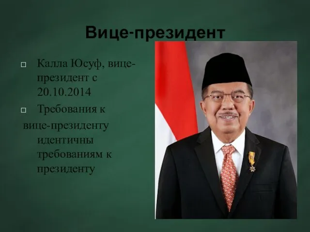 Вице-президент Калла Юсуф, вице-президент с 20.10.2014 Требования к вице-президенту идентичны требованиям к президенту