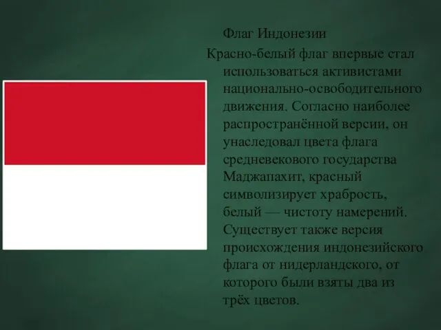 Флаг Индонезии Красно-белый флаг впервые стал использоваться активистами национально-освободительного движения.