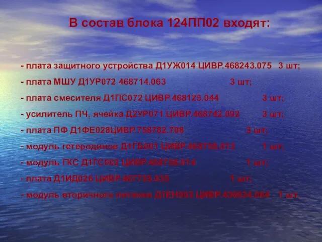 В состав блока 124ПП02 входят: - плата защитного устройства Д1УЖ014