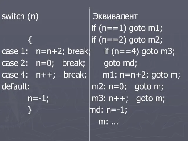 switch (n) Эквивалент if (n==1) goto m1; { if (n==2) goto m2; case