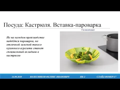 Посуда: Кастрюля. Вставка-пароварка 24.09.2020 КОЛЕСНИКОВ ФЕЛИКС ИВАНОВИЧ ПК-2 СЛАЙД НОМЕР:17