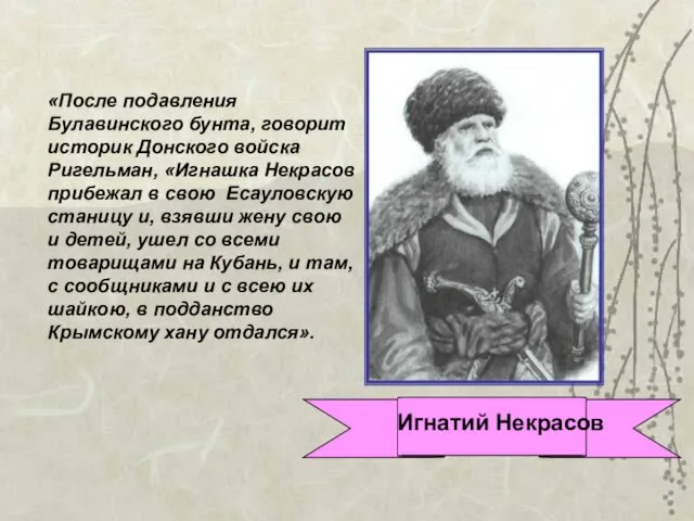 «После подавления Булавинского бунта, говорит историк Донского войска Ригельман, «Игнашка