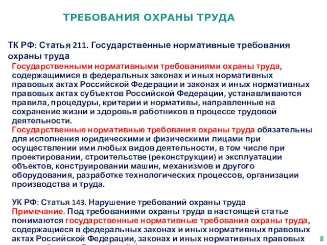 ТРЕБОВАНИЯ ОХРАНЫ ТРУДА ТК РФ: Статья 211. Государственные нормативные требования