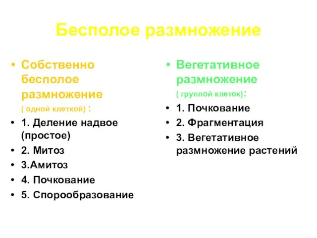 Бесполое размножение Собственно бесполое размножение ( одной клеткой) : 1.