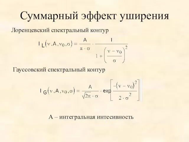 Суммарный эффект уширения Лоренцевский спектральный контур Гауссовский спектральный контур А – интегральная интесивность