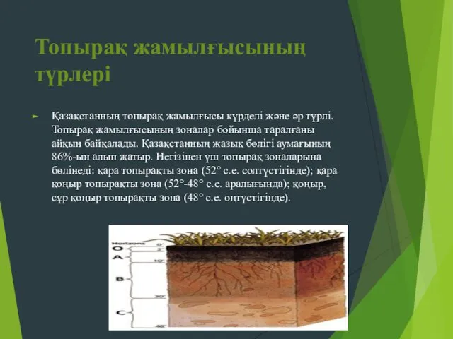 Топырақ жамылғысының түрлері Қазақстанның топырақ жамылғысы күрделі және әр түрлі.