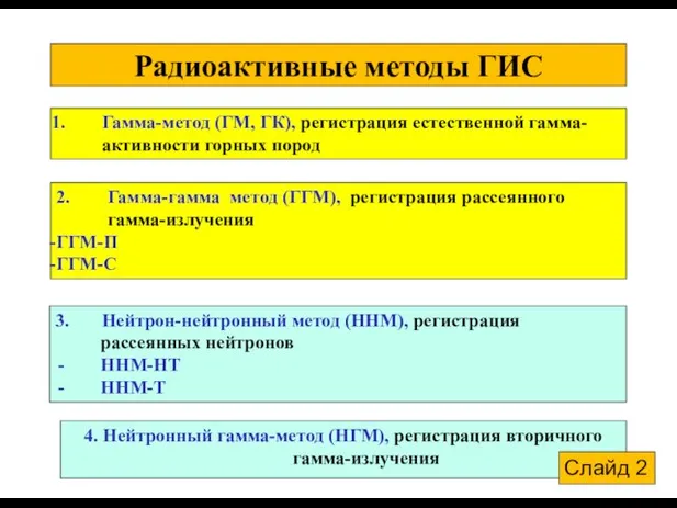 Радиоактивные методы ГИС 4. Нейтронный гамма-метод (НГМ), регистрация вторичного гамма-излучения Гамма-метод (ГМ, ГК),