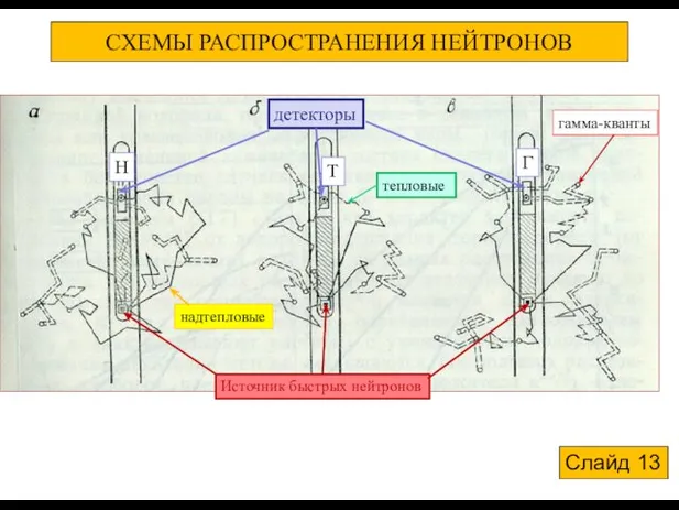 СХЕМЫ РАСПРОСТРАНЕНИЯ НЕЙТРОНОВ надтепловые тепловые Источник быстрых нейтронов детекторы гамма-кванты Н Т Г Слайд 13