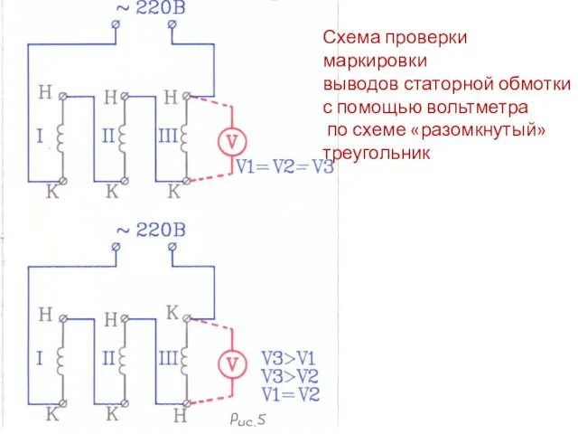 Схема проверки маркировки выводов статорной обмотки с помощью вольтметра по схеме «разомкнутый» треугольник