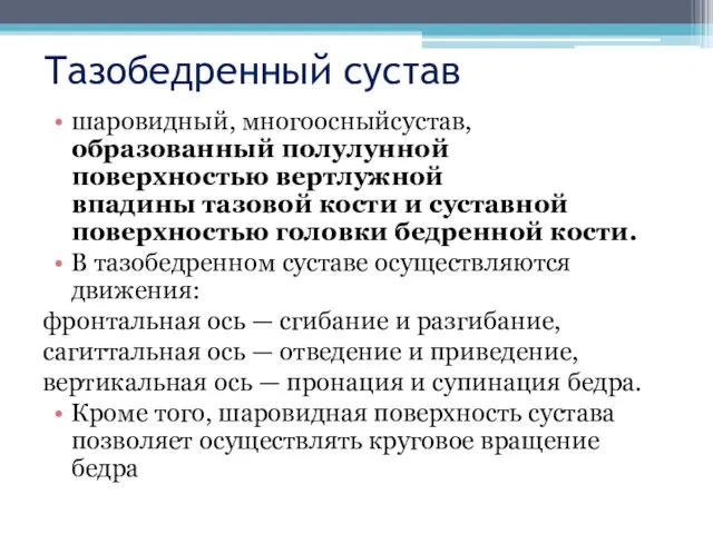 Тазобедренный сустав шаровидный, многоосныйсустав, образованный полулунной поверхностью вертлужной впадины тазовой