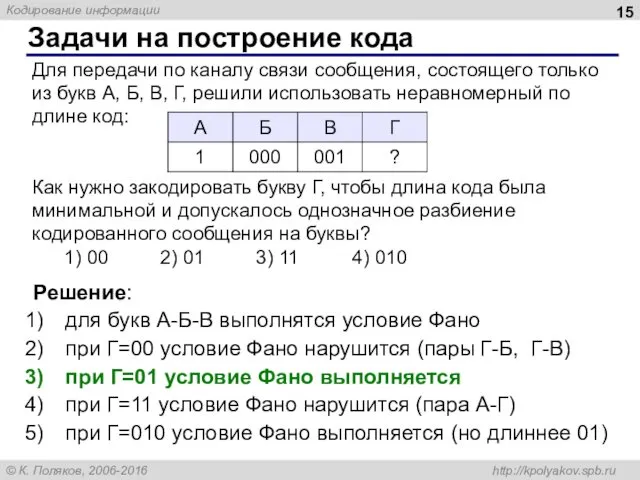 Задачи на построение кода Для передачи по каналу связи сообщения,