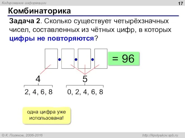 Комбинаторика Задача 2. Сколько существует четырёхзначных чисел, составленных из чётных