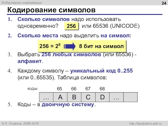 Кодирование символов Сколько символов надо использовать одновременно? или 65536 (UNICODE)