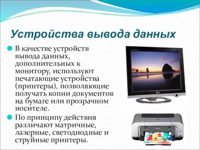 Устройства вывода данных В качестве устройств вывода данных, дополнительных к