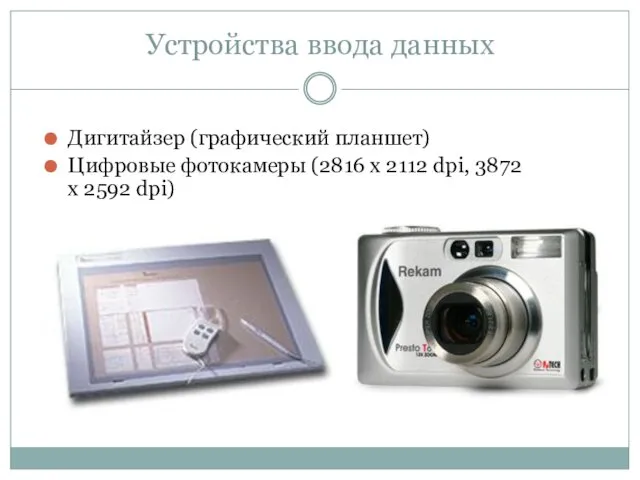 Устройства ввода данных Дигитайзер (графический планшет) Цифровые фотокамеры (2816 x 2112 dpi, 3872 x 2592 dpi)