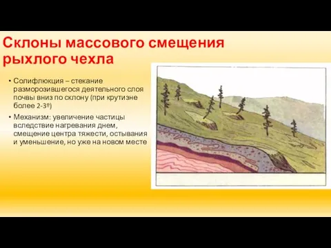 Склоны массового смещения рыхлого чехла Солифлюкция – стекание разморозившегося деятельного