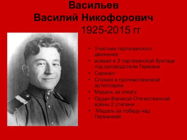 Васильев Василий Никофорович 1925-2015 гг Участник партизанского движения воевал в