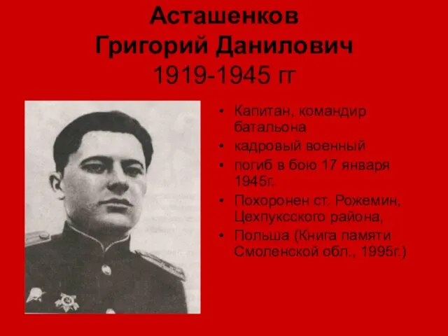 Асташенков Григорий Данилович 1919-1945 гг Капитан, командир батальона кадровый военный