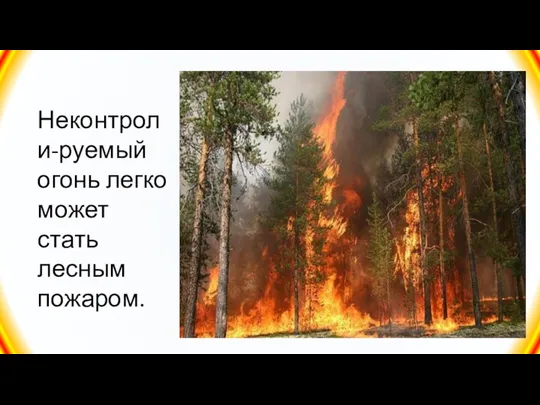 Неконтроли-руемый огонь легко может стать лесным пожаром.