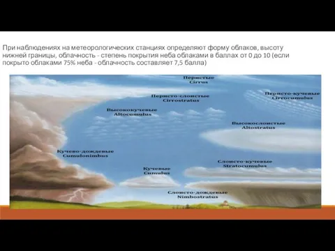 При наблюдениях на метеорологических станциях определяют форму облаков, высоту нижней границы, облачность -