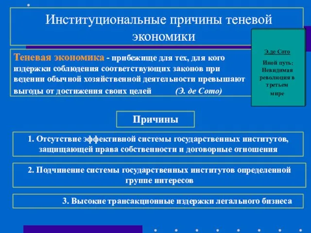 Институциональные причины теневой экономики Теневая экономика - прибежище для тех,