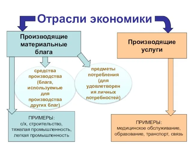 Отрасли экономики Производящие материальные блага Производящие услуги ПРИМЕРЫ: с/х, строительство,