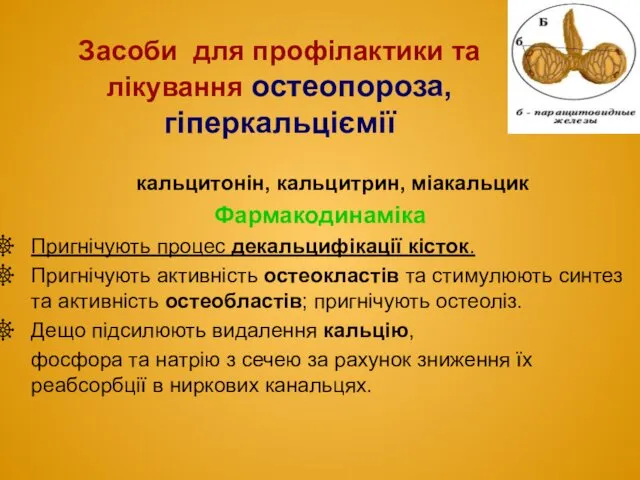 кальцитонін, кальцитрин, міакальцик Фармакодинаміка Пригнічують процес декальцифікації кісток. Пригнічують активність